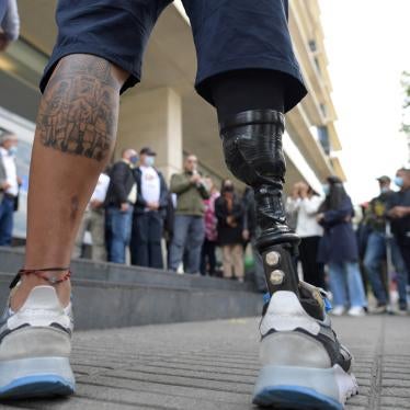 A landmine survivor wearing a prosthetic leg at an event to commemorate the International Day for Mine Awareness and Assistance in Mine Action in Bogotá, Colombia, April 4, 2022. Colombia is one of 164 countries that has prohibited antipersonnel landmines. 