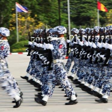 Myanmar military personnel march during a parade