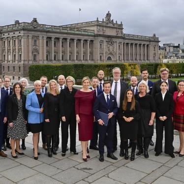 The new Swedish government pictured on Lejonbacken's terrace at Stockholm Palace, Sweden.