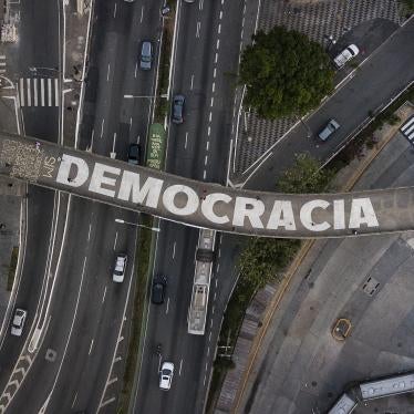 The word “democracy” on a pedestrian bridge in São Paulo, Brazil, October 26, 2022.