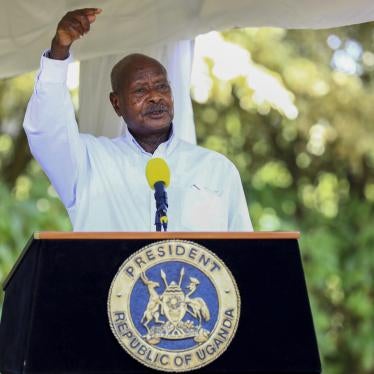 President Yowerei Museveni speaks during a news conference in Entebbe, Uganda.