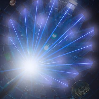 National Ignition Facility’s high-energy laser beams converge at the center of the target chamber.