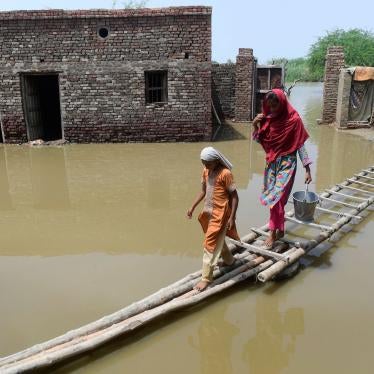 A woman and girl walk on a temporary bamboo path near their flooded house in Shikarpur, Pakistan.