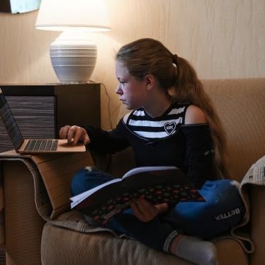 A child studies online from home in Moscow, Russia, amidst school closures during the Covid-19 pandemic.