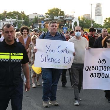Georgian opposition protest in Tbilisi in support of media freedom and against the sentencing of Nika Gvaramia, an anchor and owner of the pro-opposition Mtavari TV, on May 18, 2022. 