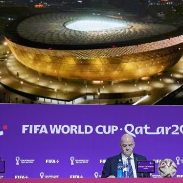 FIFA President Gianni Infantino sits in front of a screen showing the Lusail Final Stadium before he meets the media at the FIFA World Cup closing press conference in Doha.