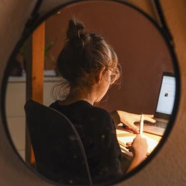 A girl studies online at home during Covid-19 school closures in Berlin.