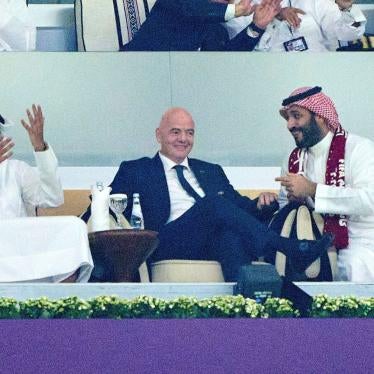 Emir and President of Qatar Sheikh Tamim bin Hamad Al Thani, FIFA President Gianni Infantino, and Saudi Arabia's Crown Prince Mohammed bin Salman al-Saud at the 2022 Qatar World Cup, on November 20, 2022, in Al Bayt Stadium in Doha, Qatar.