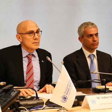 The United Nations High Commissioner for Human Rights, Volker Turk (L) holds a press conference at the UN Office in Astana, Kazakhstan.