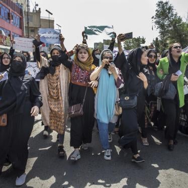 Afghan women demonstrate in the center of Kabul, Afghanistan.
