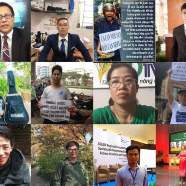 Twelve Vietnamese rights activists and bloggers currently detained for exercising their basic rights. Top row from left to right: Le Van Dung, Le Manh Ha, Dinh Van Hai, Bui Van Thuan. Center row:  Pham Doan Trang, Trinh Ba Phuong, Nguyen Thi Tam, Truong Van Dung. Bottom row: Nguyen Lan Thang, Mai Phan Loi, Dang Dinh Bach, Nguy Thi Khanh.