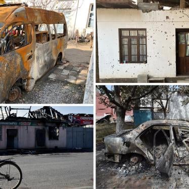 Collage of four equally sized images. Top left image of a burnt Tajik ambulance. Top right image damaged house with a window and two doors. Bottom left image of a man on a bicycle looking at a damaged house. Bottom right image of a burned-out car
