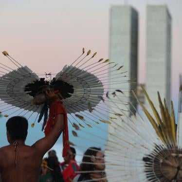 Indigenous peoples demonstrate in front of Brazil's Congress to call for greater protection of their land rights at the Free Land Camp ("Acampamento Terra Livre," in Portuguese) in Brasília, an annual protest held by Indigenous peoples from throughout Brazil, on April 26, 2023.