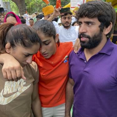Indian wrestlers, from right, Bajrang Punia, Sangita Phogat and Vinesh Phogat, ahead of their protest march towards the newly inaugurated parliament, in New Delhi, India, May 28, 2023. 