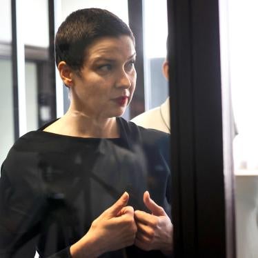Belarusian opposition activist Maria Kalesnikava inside the defendants’ cage at the opening of her trial on Aug 4, 2021. 