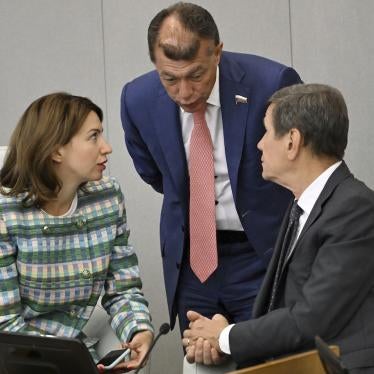 At a plenary session of Russia’s State Duma, First Deputy Chairman of the Russian State Duma Committee on State Building and Legislation Irina Pankina (left), confers with Chairman of the Russian State Duma Committee on Economic Policy Maxim Topilin (center) and First Deputy Chairman of the Russian State Duma Alexander Zhukov, Moscow, July 14, 2023. 