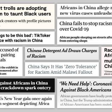 Collage of news headlines on anti-Black racism in China. 