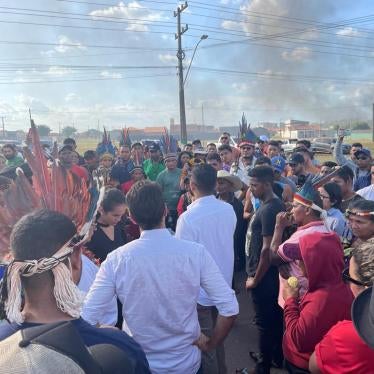 Indigenous people demonstrate against acts of violence before the civil and military police stations in Tomé-Açu, state of Pará, Brazil. August 7, 2023. 
