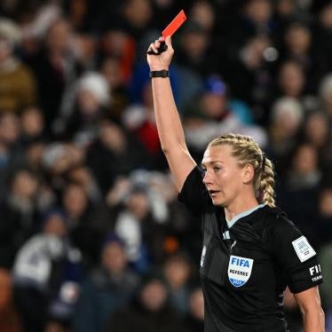 Referee Tess Olofsson of Sweden shows a red card during the Australia and New Zealand 2023 Women's World Cup at Waikato Stadium in Hamilton on July 22, 2023. 
