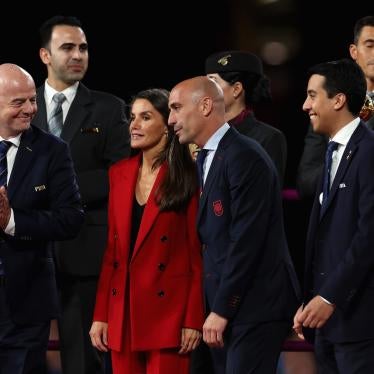  Spanish football federation president, Luis Rubiales talks to Queen Letizia of Spain on stage during the FIFA Women's World Cup Australia & New Zealand 2023 Final match between Spain and England at Stadium Australia on August 20, 2023 in Sydney, Australia.
