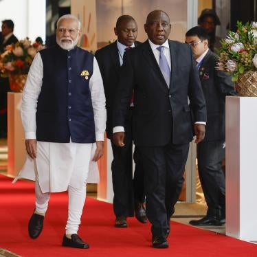  India's Prime Minister Narendra Modi, left, and South African President Cyril Ramaphosa arrive at the 2023 BRICS Summit, Johannesburg, South Africa, August 23, 2023.