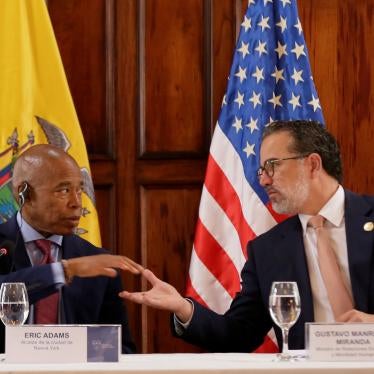 Ecuadorean Foreign Minister Gustavo Manrique, right, shakes hands with New York City Mayor Eric Adams