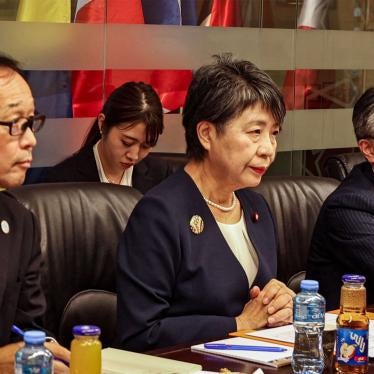 Japan's Foreign Minister Yoko Kamikawa (C) and her delegation met with both the Israeli Foreign Minister in Tel Aviv and later the Palestinian Foreign Minister in the occupied West Bank on November 3, 2023. 