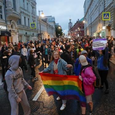 LGBT activists hold a rainbow flag at a rally in Pushkin Square in Moscow, Russia, in July 2020. In November 2023, Russia’s Supreme Court granted a request from the country’s Justice Ministry to outlaw the "international LGBT movement" as "extremist."