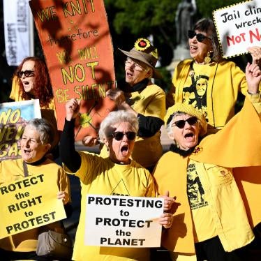 The “knitting nannas” assemble outside the Supreme Court of New South Wales in Sydney, Australia, May 10, 2023.