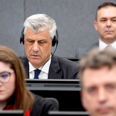 Former Kosovo President Hashim Thaci, top left, appears before the Kosovo Tribunal as he defends himself against charges including murder, torture and persecution allegedly committed during Kosovo’s war with Serbia, The Hague, April 3, 2023. 