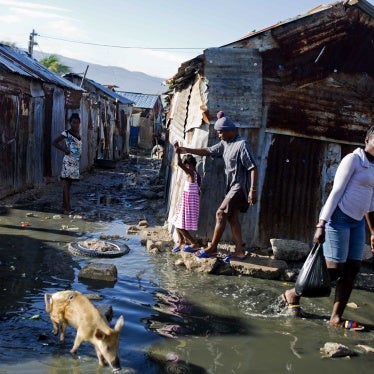 Residents and a small pig walk through sewage water in their neighbourhood in the Cite Soleil slum of Port-au-Prince, Haiti.