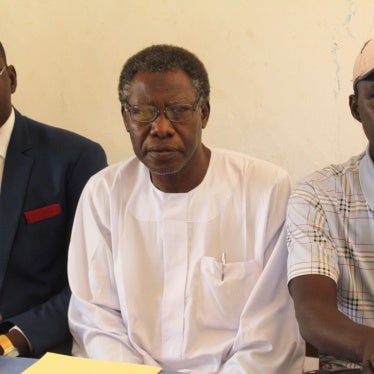 Chadian civil society leader Mahamat Nour Ibedou (center) attends a press conference in N'Djamena, Chad, February 5, 2018.