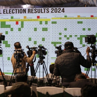 A big screen showing the results of Pakistan’s parliamentary elections at the Pakistan Election Commission headquarters, in Islamabad, Pakistan, February 9, 2024.