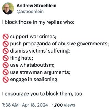 Andrew Stroehlein décrit les règles qu'il applique pour bloquer des personnes sur ses comptes de réseaux sociaux dans une publication sur Twitter.
