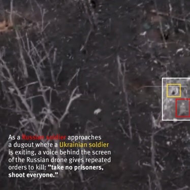A still frame extracted from Russian drone footage in which a voice is heard repeatedly commanding Russian soldiers to "take no prisoners, shoot everyone". The footage shows Russian soldiers then  killing two Ukrainian soldiers. 