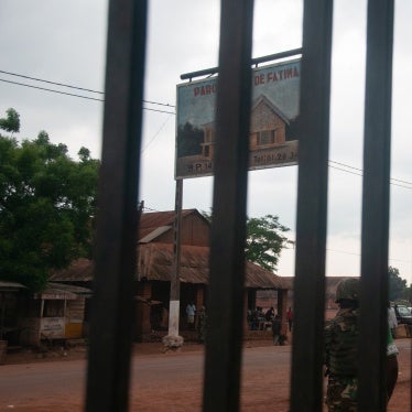 The sign outside the Notre-Dame church after the killings in May 2014, Fatima neighborhood, Bangui, Central African Republic, June 24, 2014.