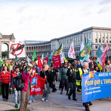 European activists march in Brussels on September 23, 2025 to protest EU governments’ efforts to weaken the EU’s corporate accountability law, the Corporate Sustainability Due Diligence Directive. 