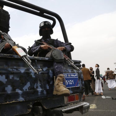 Houthi police soldiers patrol during a protest in Sana'a, Yemen, on February 16, 2024. 