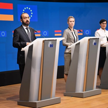 EU High Representative for Foreign Affairs and Security Policy Kaja Kallas (C), Armenian Foreign Minister Ararat Mirzoyan (L), and EU Commissioner for Enlargement Marta Kos (R) hold a press conference at the end of the 6th meeting of the EU-Armenia Partnership Council in Brussels, Belgium on December 2, 2025.