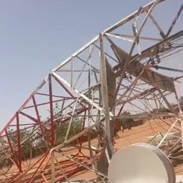 Screenshot from a video shared online on February 14, 2026, showing a demolished telecommunications tower