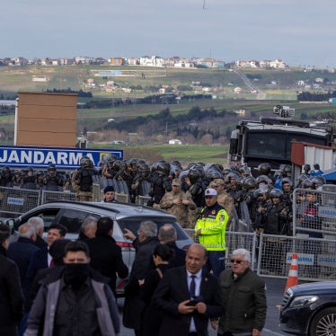 Gendarmes lined up at the entrance to the Marmara courthouse and prison complex on the first/opening day of the trial of Istanbul mayor Ekrem Imamoglu and 406 co-accused, Silivri, Istanbul, Türkiye, March 9, 2026.