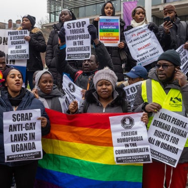 LGBT+ campaigners from the African Equality Foundation calling on Uganda to repeal their Anti-Homosexuality Act in London, United Kingdom, March 11, 2024. 