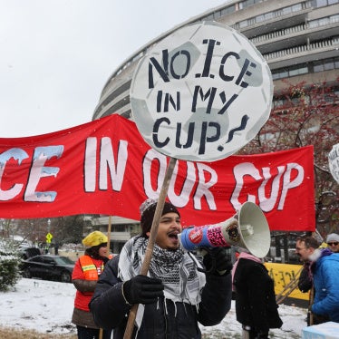 Demonstrators against the FIFA 2026 World Cup draw take part in a protest called "No ICE in my Cup!", in Washington, December 5, 2025.