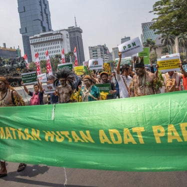Representatives of the Merauke indigenous community with Yasinta Moiwend (center) protested in Jakarta against the large-scale rice field development project that threatens their land in Indonesia, 2025.