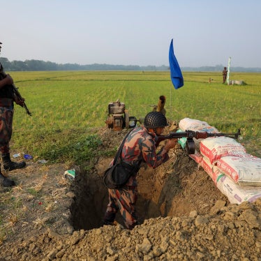Border Guard Bangladesh personnel stand guard in the Sadipur border area in Benapole, Jessore district, Bangladesh, June 3, 2026. 