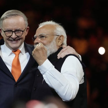 Australian Prime Minister Anthony Albanese (left) and Indian Prime Minister Narendra Modi  during an Indian community event at Qudos Bank Arena in Sydney, Australia, May 23, 2023.
