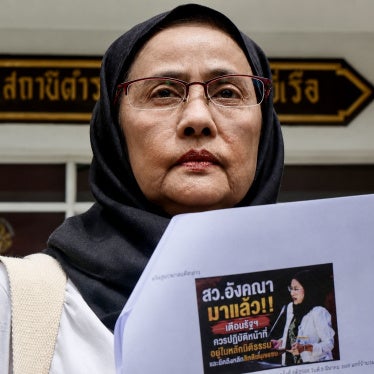 Angkhana Neelapaijit reports online attacks against her at Bang Yi Reua police station in Bangkok, Thailand, July 31, 2026.