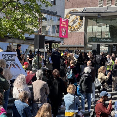 A demonstration against the deportations of young adults held at Sergels torg in Stockholm on May 10, 2026.