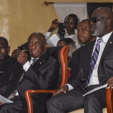 Liberian President Joseph Boakai (second from the left) and Liberian Speaker for the House of Representatives Richard Nagbe Koon (right) in Zwedru on June 27, 2025. 