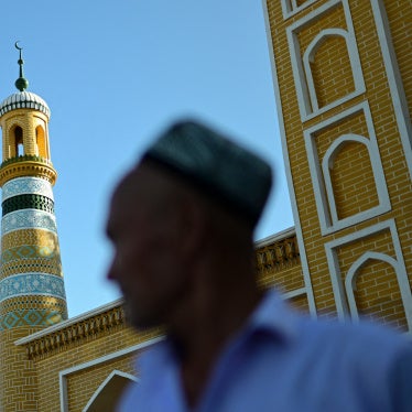A Uyghur man outside of the Id Kah Mosque in Kashgar city in northwestern China's Xinjiang region, July 13, 2023. 